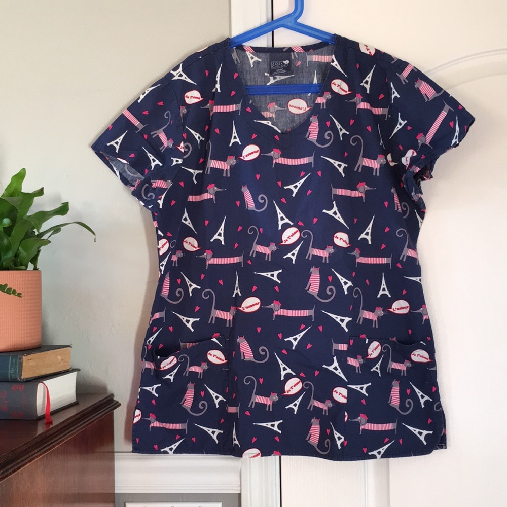 •Zoe + Chloe Nursing Eiffel Tower Scrub Top•
